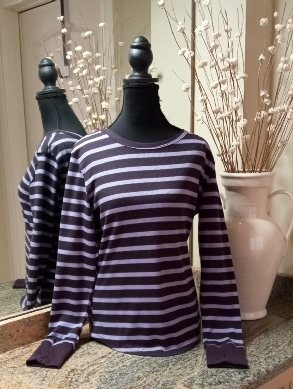 NWOT Grecerelle Striped Long-Sleeve Crewneck Top in Purple and Black. Sz Medium